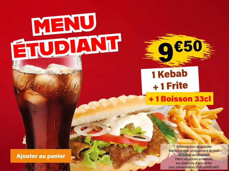 Photo Menu Etudiant comprenant 1 Sandwich Kebab, 1 Frite et 1 boisson