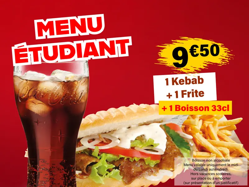 Photo Menu Etudiant, comprenant 1 kebab, 1 frite et 1 boisson 33 cl