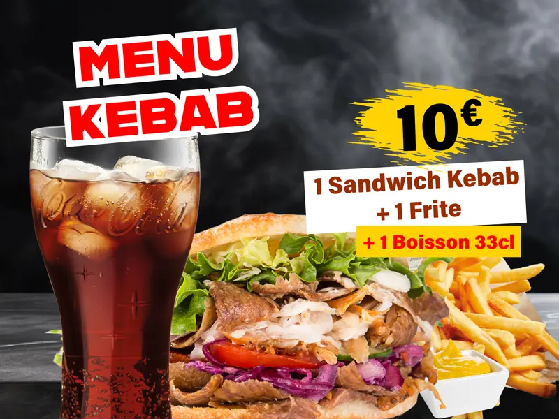 Photo Menu Kebab comprenant 1 Sandwich Kebab, 1 frite, 1 boisson et 1 sauce