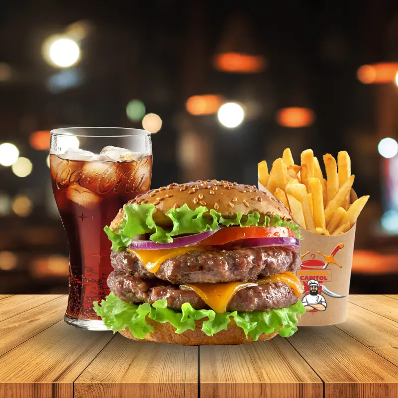 Photo menu big burger avec frites et boisson